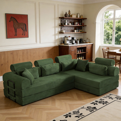 Grayish Green 4-Seat Corduroy L-Shaped Modular Sectional Sofa Bed