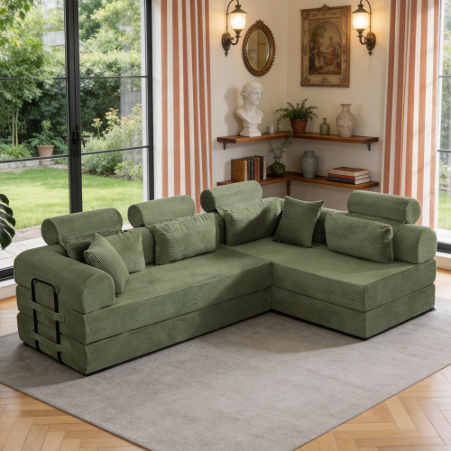 Grayish Green 4-Seat Corduroy L-Shaped Modular Sectional Sofa Bed - Grayish Green - Corduroy - Foam - 4 Seat