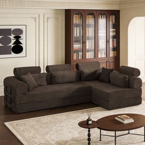 Brown Corduroy 4-Seat L-Shaped Modular Sofa Bed with Foam Fill