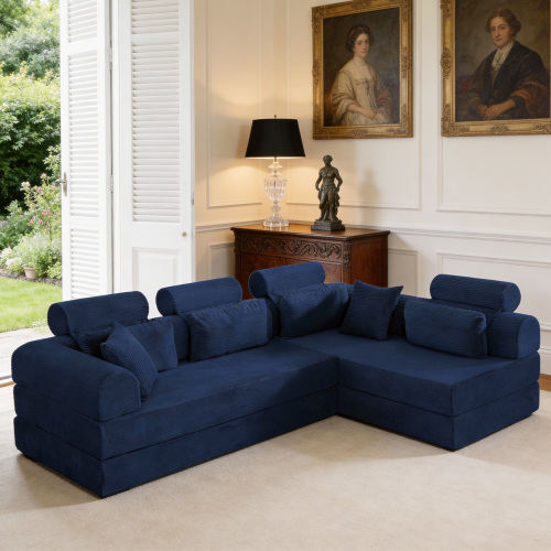 Blue 4-Seat Corduroy L-Shaped Modular Sofa Bed with Foam