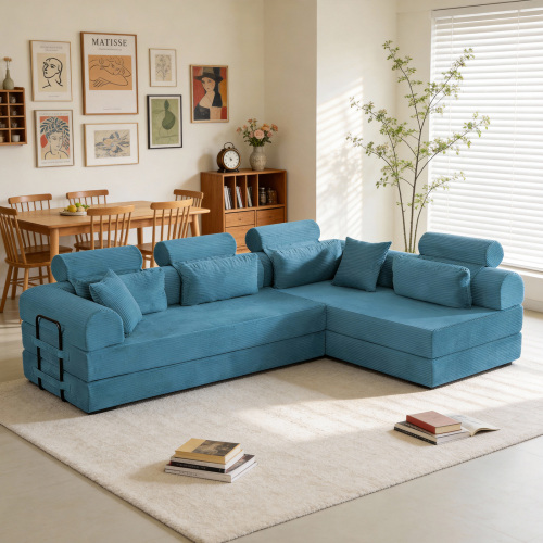 Sky Blue 4-Seat Corduroy L-Shaped Modular Sleeper Sectional Sofa