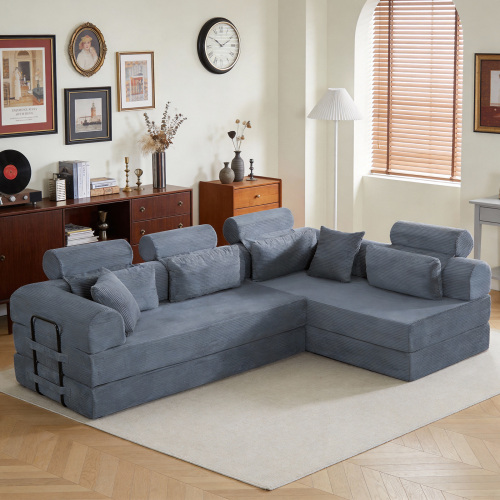 Dark Gray Corduroy L-Shaped Modular Sectional Sofa Bed, 4-Seat