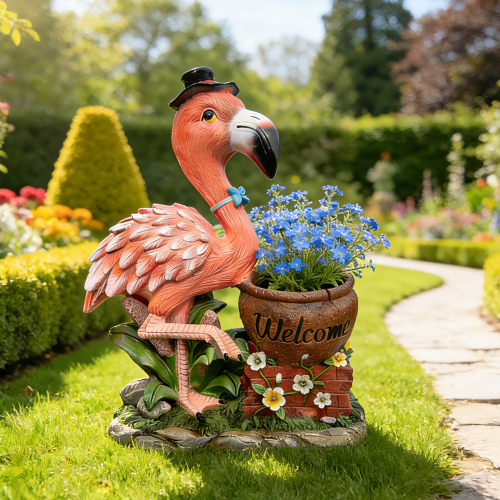 Outdoor Garden Sculpture Flamingo Flower Pot Planter - Unique Yard Statue Decoration, Interesting Law Outdoor Ornament - Pink - Resin - Resin - Pink - Resin