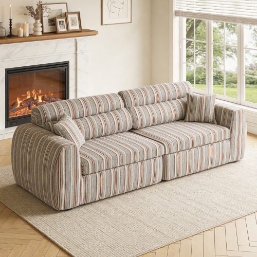 Compact Brown & White Striped Chenille 3-Seat Compression Sofa