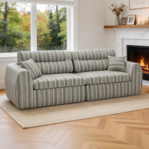 Compact White & Sage Striped Chenille 3-Seat Compression Sofa