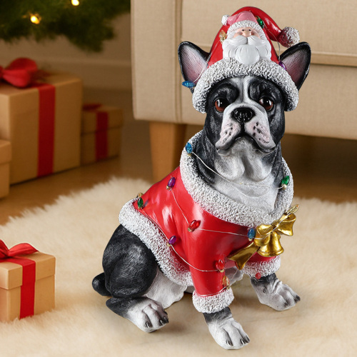 Christmas French Bulldog Statue, Holiday Dog Figurine in Santa Outfit - Black - Resin - Black - Resin