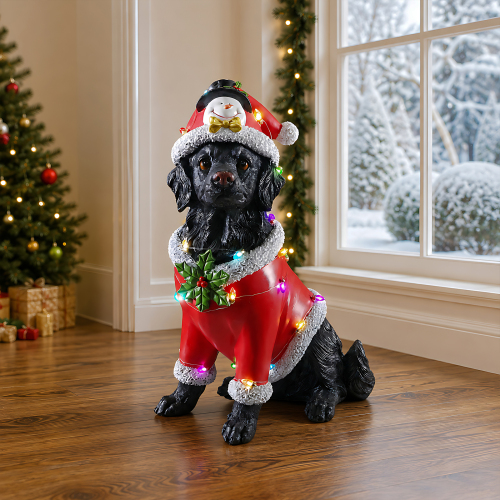 Christmas Dog Statue, Holiday Dog Figurine in Red Santa Outfit - Black+Red - Resin - Resin