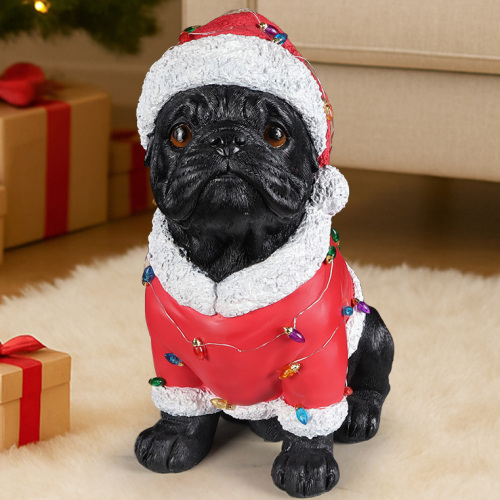 Christmas Pug Statue, Holiday Dog Figurine in Santa Outfit - Black - Resin - Black - Resin