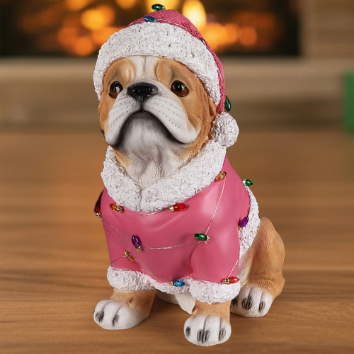 Christmas Pug Statue, Holiday Dog Figurine in Pink Santa Outfit - Brown - Resin - Brown - Resin