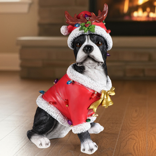 Christmas Boston Terrier Statue, Holiday Dog Figurine in Santa Outfit - Black+Red - Resin - Red - Resin