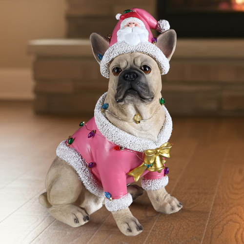 Christmas French Bulldog Statue,  Holiday Dog Figurine in Pink Santa Outfit, Festive Christmas Home Décor - Brown - Resin - Brown - Resin