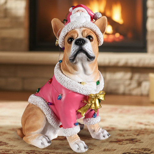 Christmas French Bulldog Statue,Holiday Dog Figurine in Pink Santa Outfit - Brown - Resin - Brown - Resin