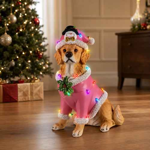 Christmas Golden Retriever Statue, Holiday Dog Figurine in Pink Santa Outfit - Brown - Resin - Brown - Resin