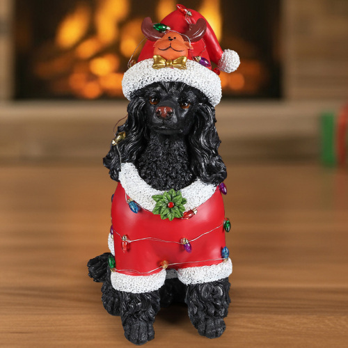 Christmas Black Poodle Statue, Holiday Dog Figurine in Red Santa Outfit - Black+Red - Resin - Resin