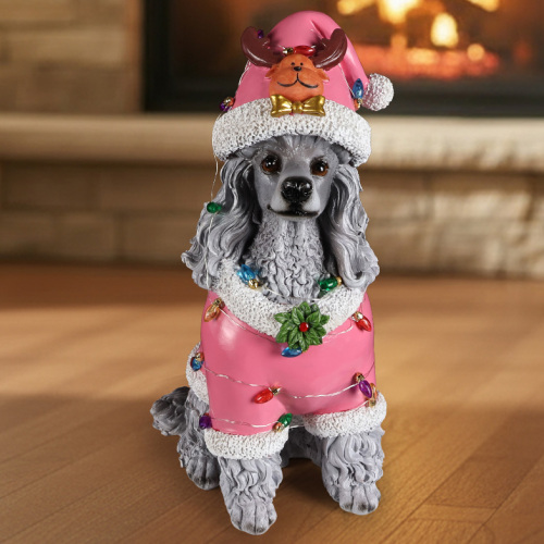 Christmas Poodle Statue, Holiday Dog Figurine in Pink Santa Outfit - Grey - Resin - Grey - Resin