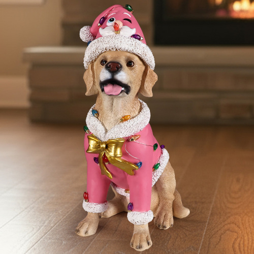 Christmas Labrador Retriever Statue, Holiday Dog Figurine in Pink Santa Outfit - Brown - Resin - Brown - Resin