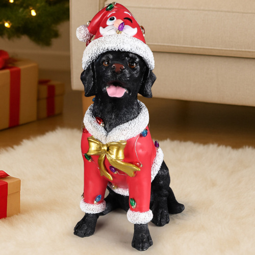 Christmas Black Labrador Retriever Statue, Holiday Dog Figurine in Santa Outfit - Black+Red - Resin - Red - Resin