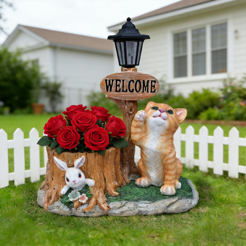 Cute Cat Planter Statue Garden Decor - Brown - Resin