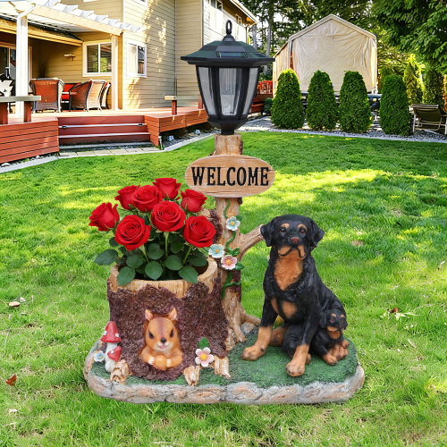Rottweiler Dog Family Planter Statue - Brown - Resin
