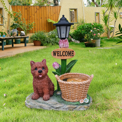 Sitting Puppy Solar Planter Outdoor Statue - Brown - Resin