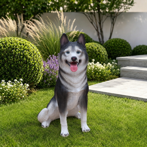 Lifelike Husky Dog Statue, Realistic Resin Animal Figurine for Indoor Outdoor Garden Lawn Yard Home Decor, Art Craft Gift, Grey+White - White+gray