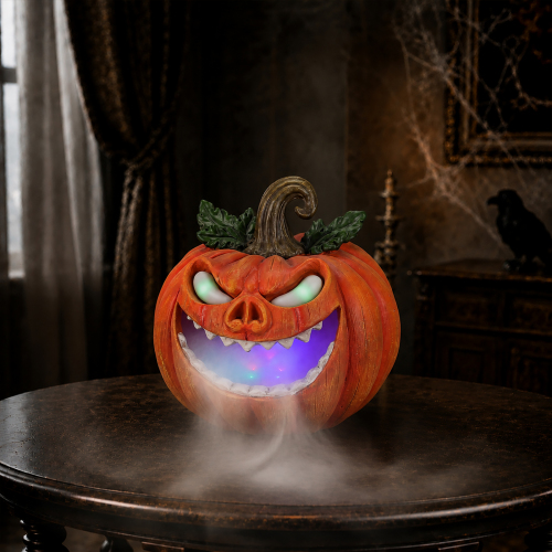Halloween Pumpkin Monster Mist Maker, LED Light Up Fogger Figurine - Orange-Red - Resin - Orange-Red - Resin