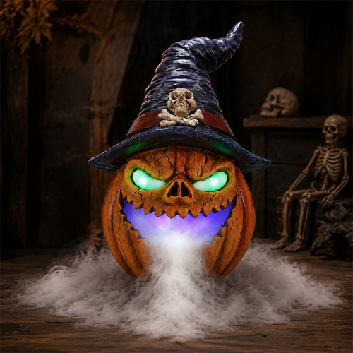Halloween Jack-O'-Lantern Pumpkin Mist Maker Ornament, LED Light Up Fogger Figurine for Halloween - Yellow+Black - Resin - Black - Yellow