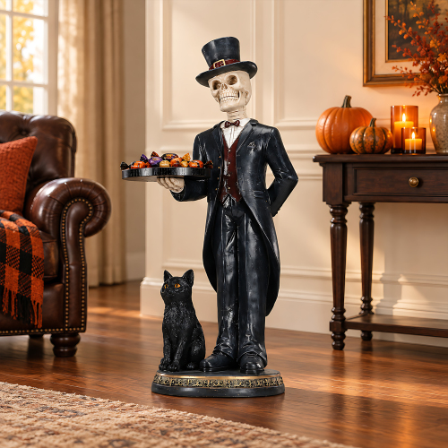 Halloween Skeleton Butler Floor Statue with Serving Tray and Black Cat for Home Entryway - Resin