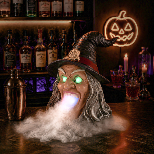 Halloween Witch Head Decor with LED Light and Mist Effect, Spooky Tabletop Decoration with Glowing Eyes - Black White - Resin