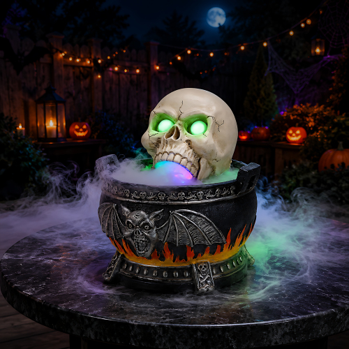 Halloween Skull Cauldron Statue with LED Light, Smoke Fog Effect Resin Decor - Black White - Black White