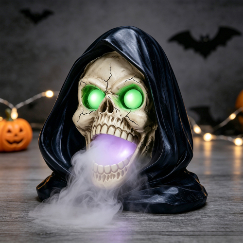 Halloween Grim Reaper Skull Statue with LED Light, Smoke Fog Effect Resin Decor - Black White