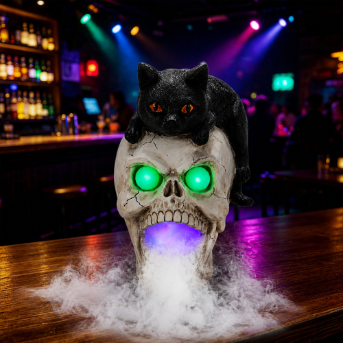 Halloween Black Cat Skull Statue with LED Light, Fog Smoke Effect Resin Decor - Black White - Black White