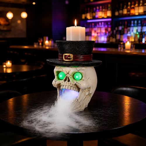 LED Light-Up Skull with Top Hat & Mist Maker Halloween Decoration - Black White - Resin - Black White - Resin