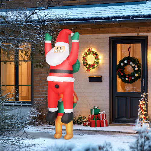 7FT Hanging Christmas Inflatable Santa with Dog, Christmas Blow Up Decoration with Built-in LED Lights for Garden(=SKU:T3971P400548) - Brown,Green,Red - Polyester - Red - Polyester Blend - 7-ft