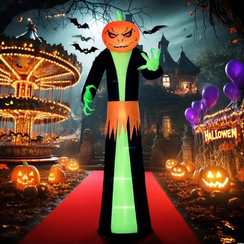 Halloween Inflatables Outdoor Decorations Pumpkin Head Ghost, Blow Up LED Yard Decor for Garden, Lawn, Party, Holiday, Waterproof - Black+Green - Polyester - Not Specified - Multi - Not Specified