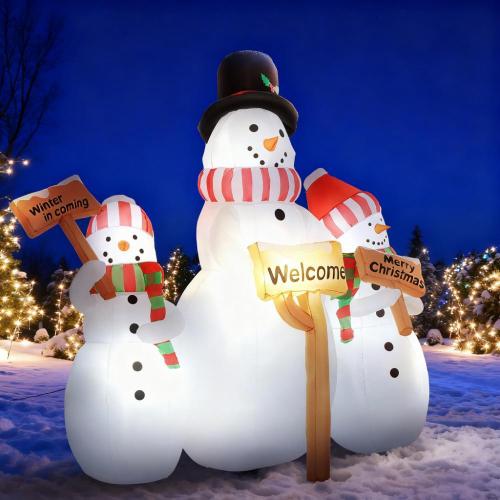 6.1' Blow-Up Outdoor Christmas Display Inflatable Three Snowmen with Sign Each - Red - Polyester - Red - Polyester - Not Specified