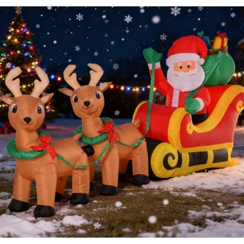 Outdoor Blow-Up Yard Decoration with LED Lights Display,Long Christmas Inflatable Santa Claus with Sleigh and Reindeer - Red,Yellow - Polyester - Red - Yellow - Not Specified