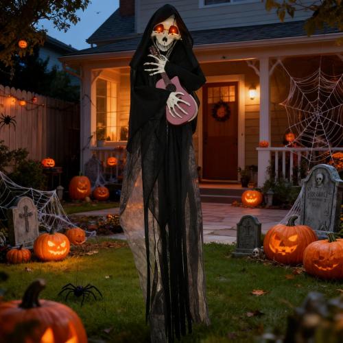 Outdoor Halloween Yard Decor, Guitar-Playing Grim Reaper Outdoor Halloween Decoration Animatronic - Black - Plastic,Polyester,Steel - Black - Plastic - Not Specified