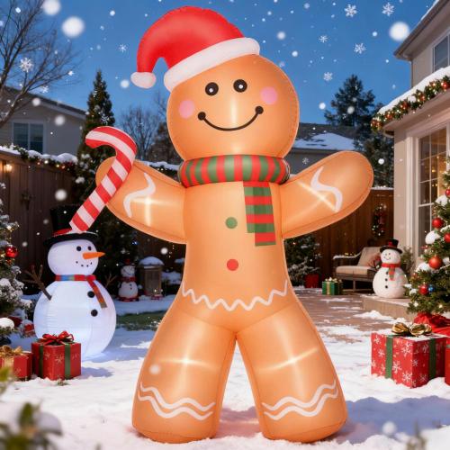 Outdoor Blow-Up Yard Decoration,Christmas Inflatable Gingerbread Man with a Candy Cane with LED Lights Display - Brown - Polyester - Brown - Polyester - Not Specified