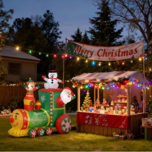 Chirsmas Inflatable Train with Santa Claus, Snowman, Blow-Up Outdoor Display - Green - Polyester - Green - Polyester - Not Specified