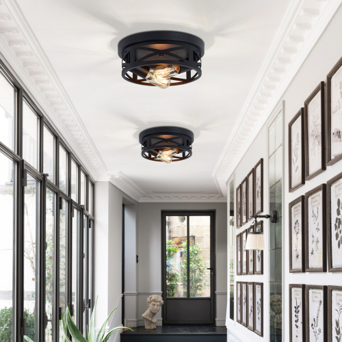 2-Pack Black Iron 2-Light Flush Mount Ceiling Fixture, 13.77-Inch