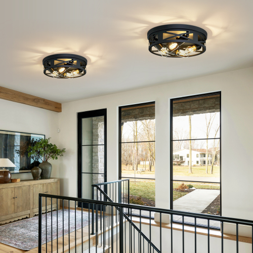 2-Pack 4-Light Black Iron Cage Flush Mount Ceiling Lights, 13.77-In.