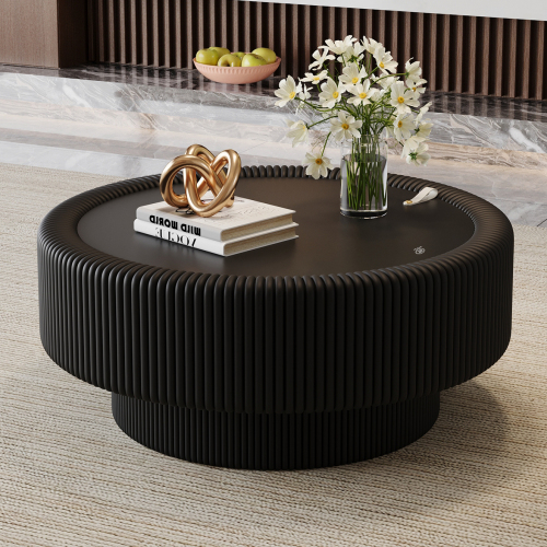 33.46-Inch White Leather-Wrapped Coffee Table with Tempered Glass