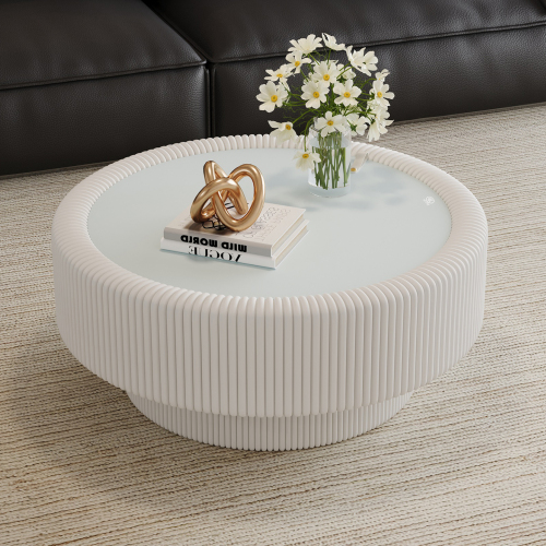 31.5-Inch White Leather-Wrapped Round Coffee Table with Glass Top