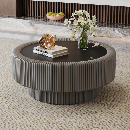 33.46-Inch White Round Leather Storage Table with Tempered Glass Top