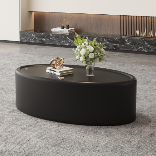 33.46-Inch White Oval Hidden Storage Coffee Table, Glass & Leather