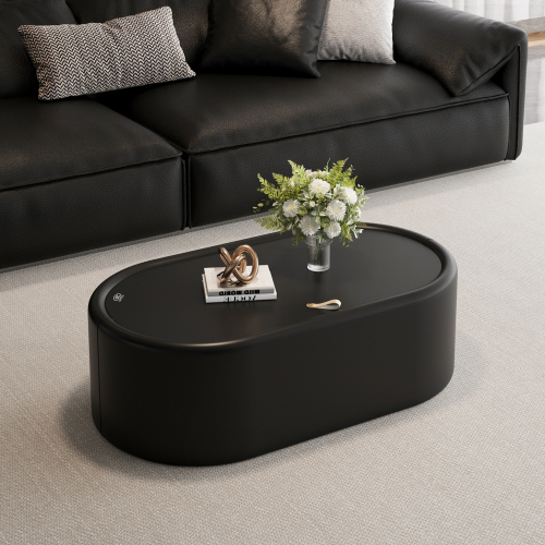 33.46-Inch White Oval Leather Storage Table with Tempered Glass Top