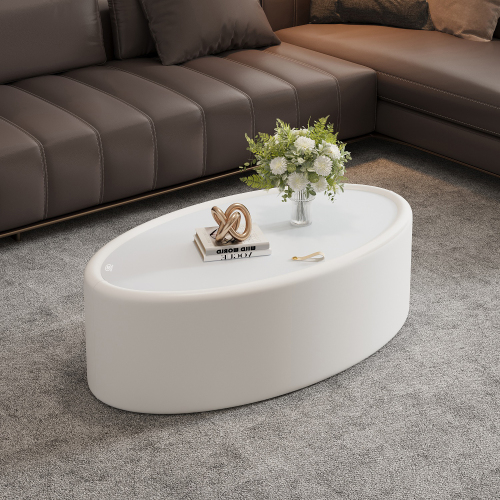 33.46-Inch White Oval Leather Coffee Table with Tempered Glass Top
