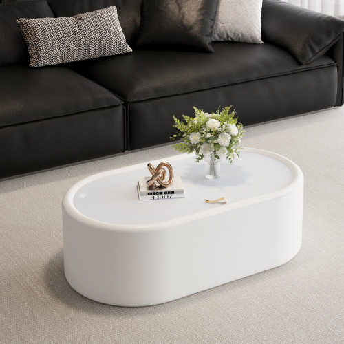 33.46-Inch White Oval Storage Coffee Table, Leather & Tempered Glass