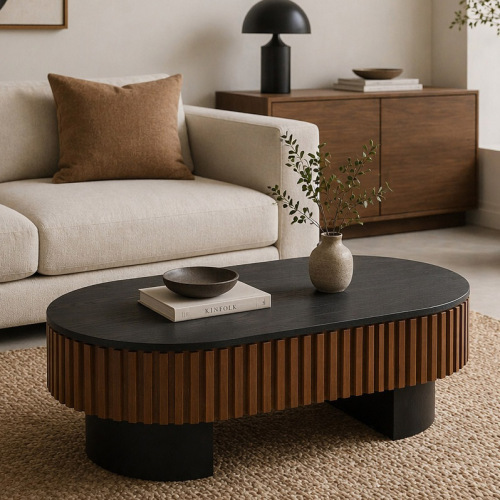 43.7" Oval Coffee Table With Hidden Storage, Fluted Modern Minimalist Wood Coffee Table for Living Room, Oval Center Table, Black + Walnut. - Brown+Black - MDF - Classic,French,Modern - Primary Living Space - Rubberwood - Brown - Brown - MDF